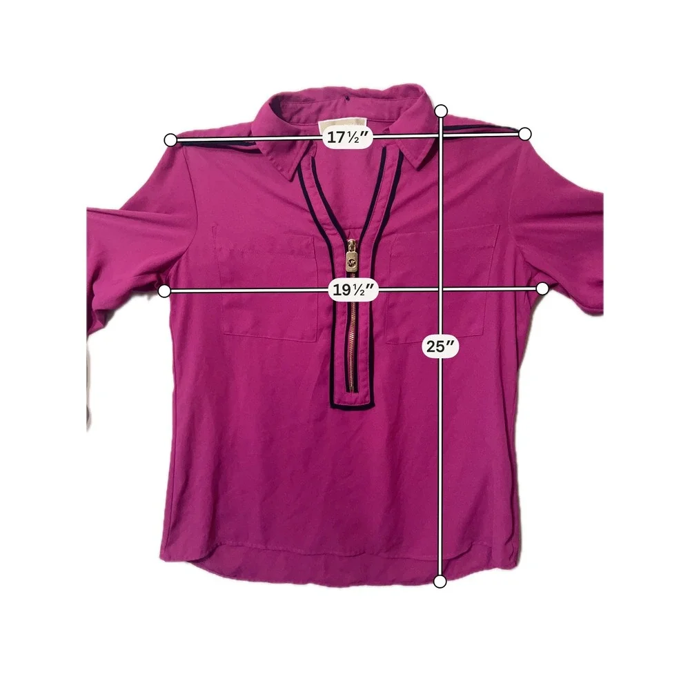 Michael Kors Women Pink Half Zip Roll Tab Sleeve Blouse Top Medium